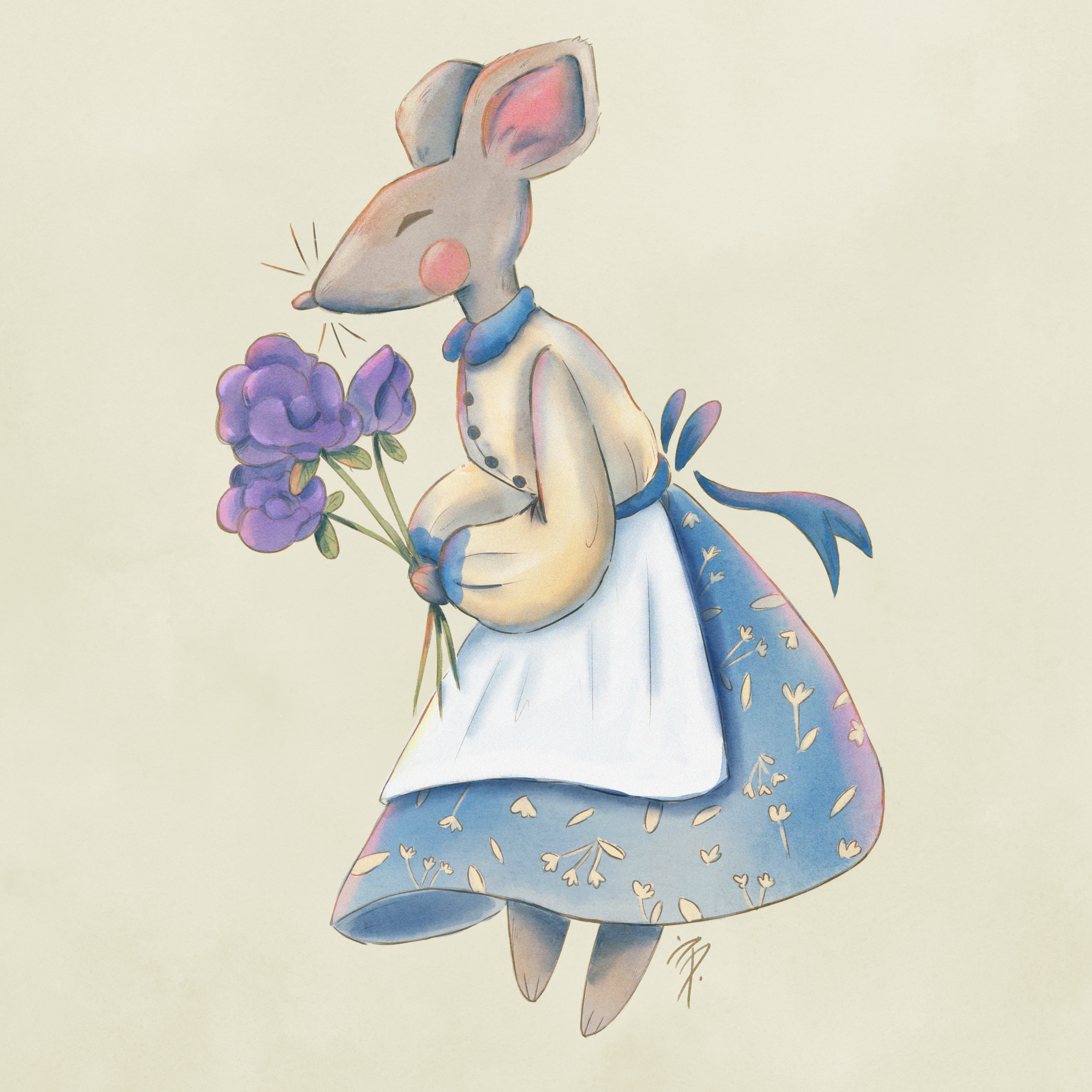 Illustration of a smiling mouse holding a flower